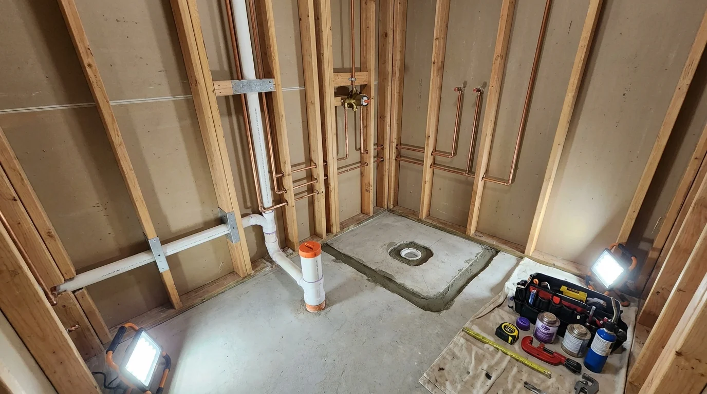 Bathroom rough-in plumbing during remodel by Johns Plumbing LLC in Lake Mills