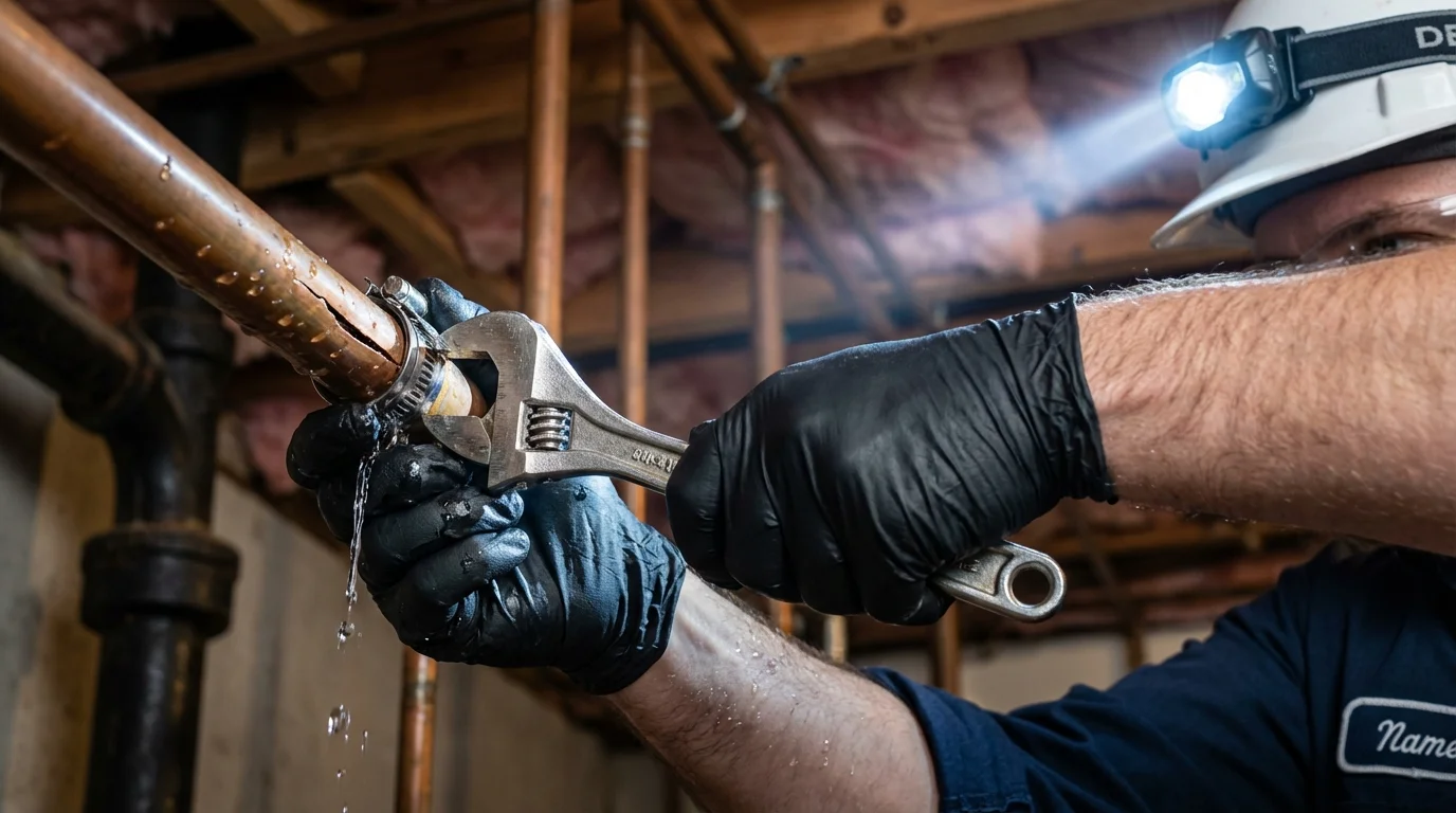 Emergency pipe clamp repair being performed by a Johns Plumbing LLC plumber in Lake Mills