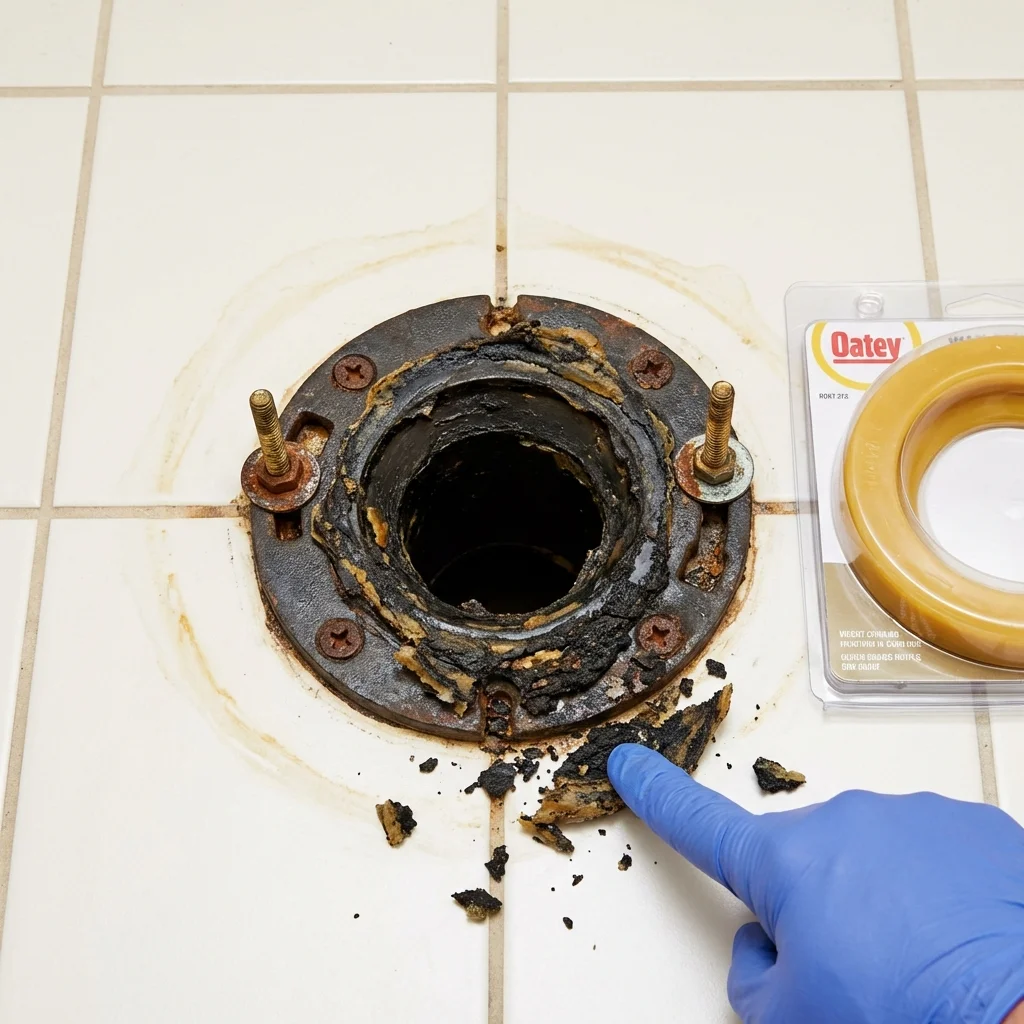 Failed wax ring showing water seepage at the base of a toilet in a Lake Mills, WI home
