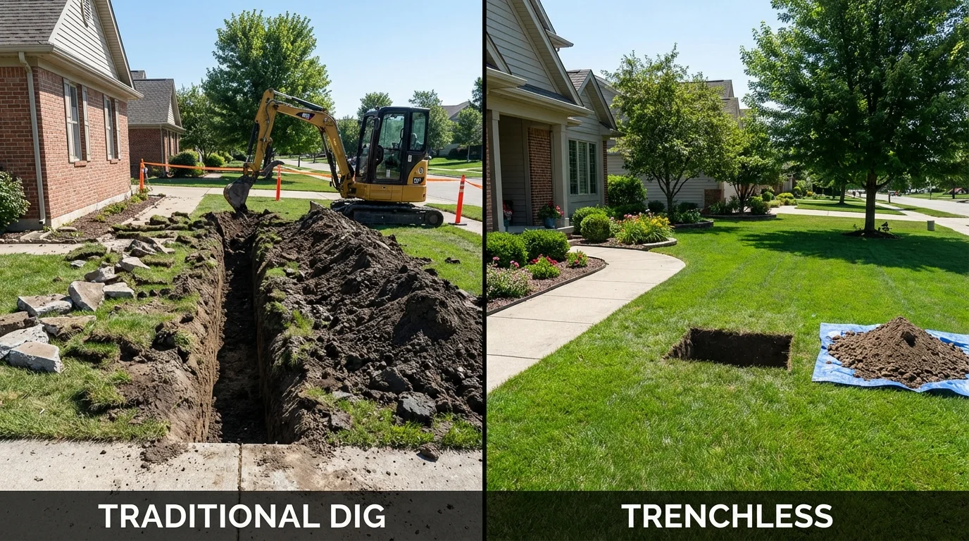 Trenchless sewer repair with minimal yard damage versus traditional excavation in Lake Mills, WI