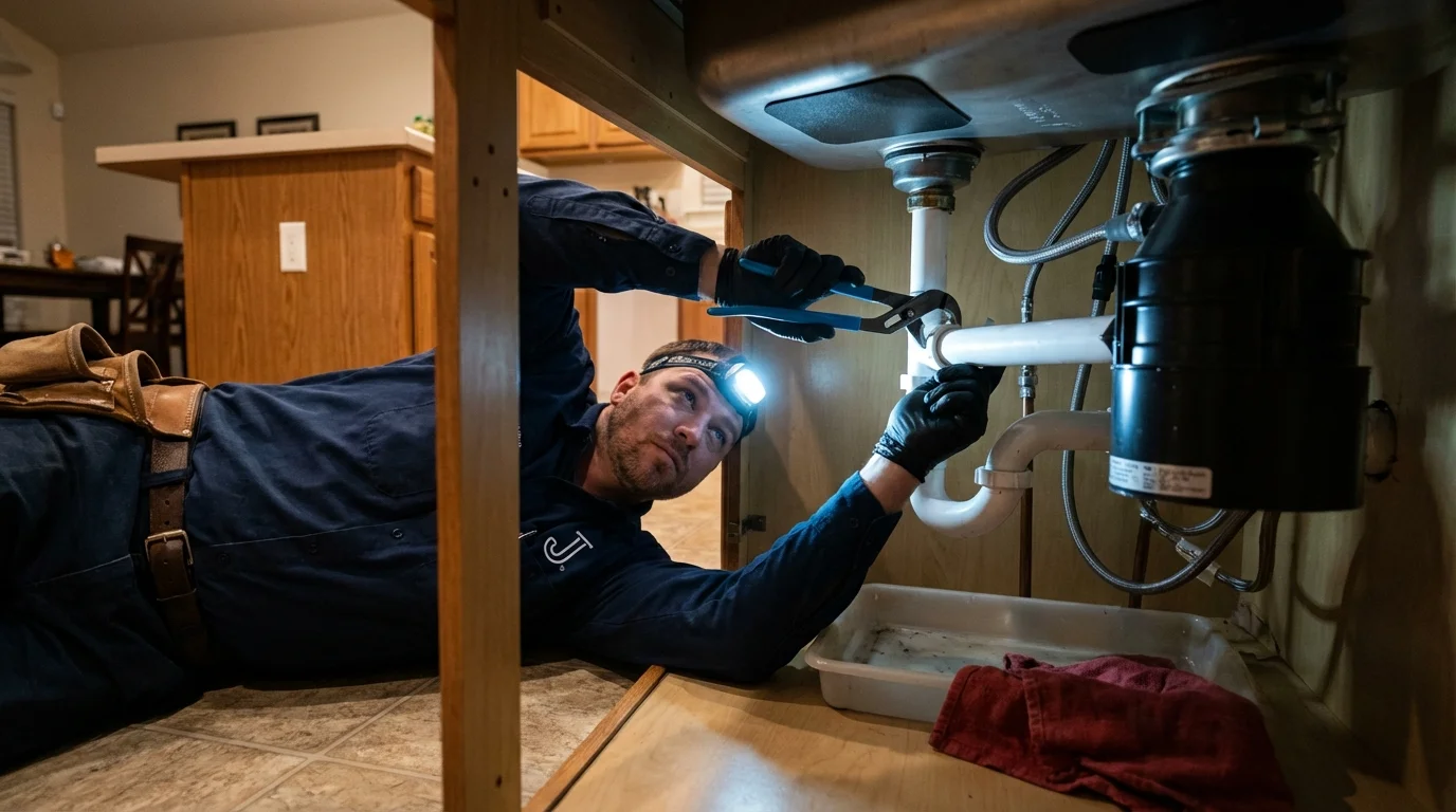 P-trap and supply line connections under a kitchen sink showing a common leak point in Lake Mills, WI